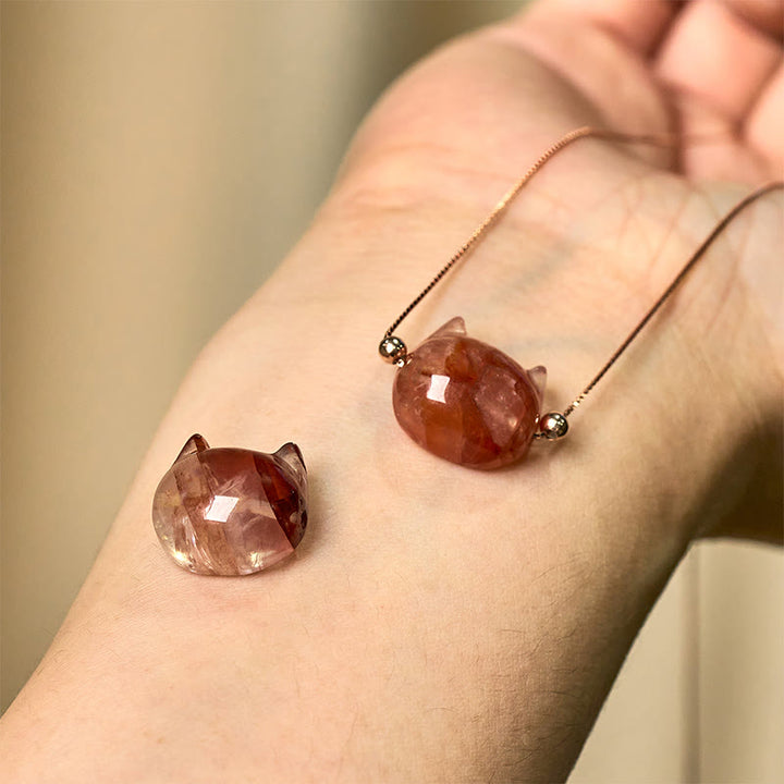 Buddha Stones 925スターリングシルバー キャットヘッド 天然レッドフラワークォーツ 守護ネックレスペンダント - image 9