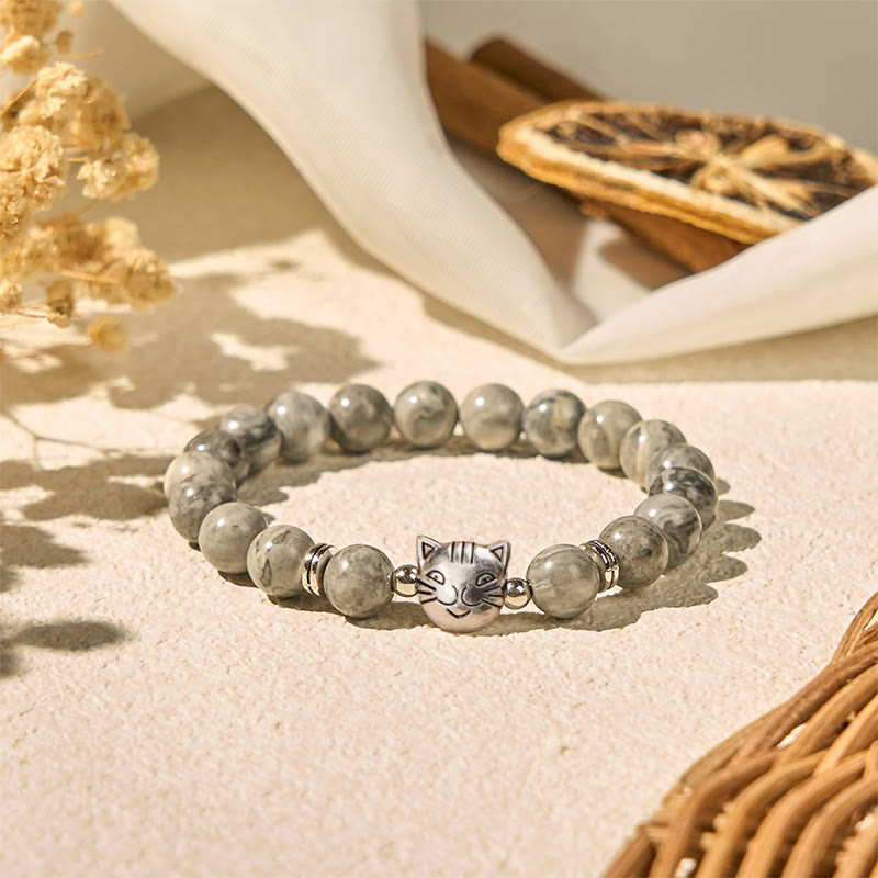 Buddha Stonesかわいい猫 天然グレージャスパービーズ ヒーリングブレスレット - image 2
