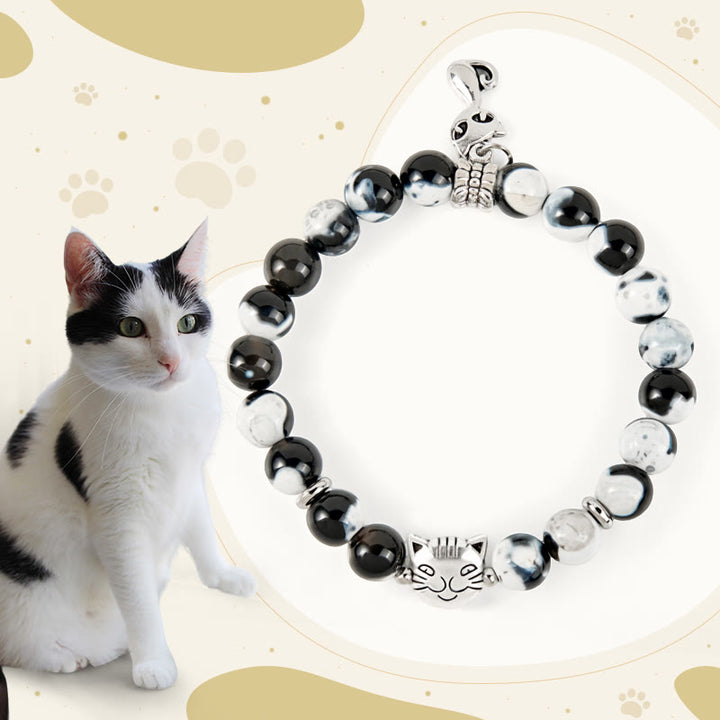 Buddha Stonesの黒と白の猫のファイヤーアゲートビーズラブブレスレット - 白黒猫(手首周り15~16cm) - image 0