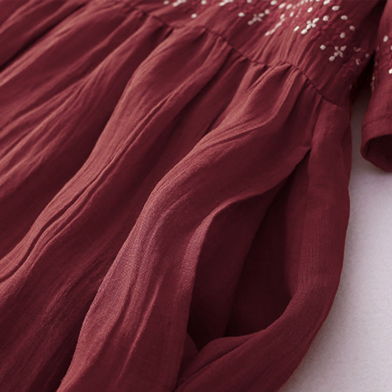 Buddha Stones無地刺繍半袖コットンミディドレス - image 30