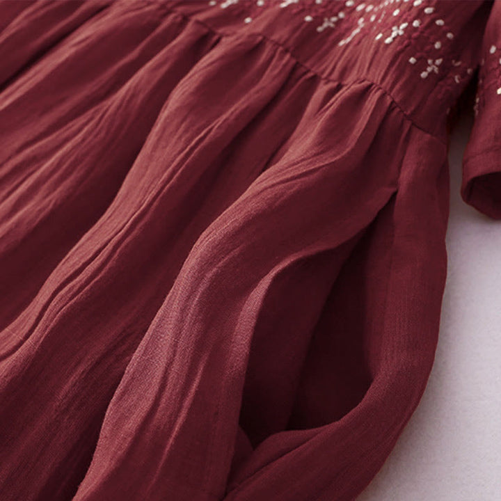 Buddha Stones無地刺繍半袖コットンミディドレス - image 30