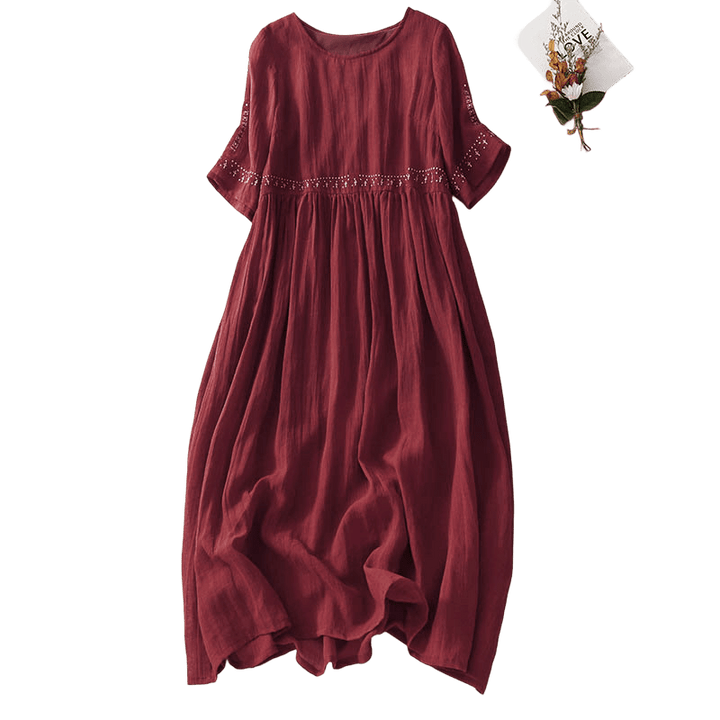 Buddha Stones無地刺繍半袖コットンミディドレス - image 21