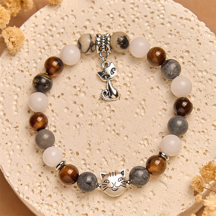 Buddha Stonesトリコロールキャット ブラックベインジャスパー ブラウンストライプアゲート カルセドニー強さブレスレット - image 2