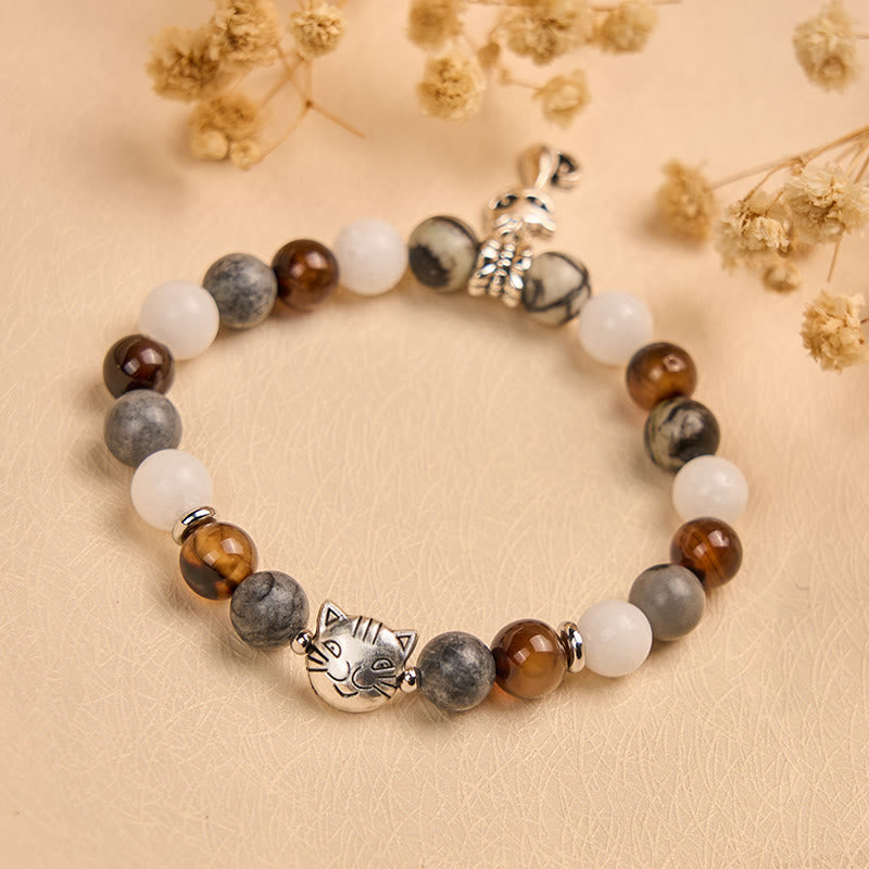 Buddha Stonesトリコロールキャット ブラックベインジャスパー ブラウンストライプアゲート カルセドニー強さブレスレット - image 1