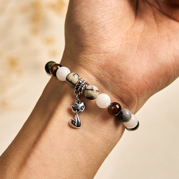 Buddha Stonesトリコロールキャット ブラックベインジャスパー ブラウンストライプアゲート カルセドニー強さブレスレット - image 4