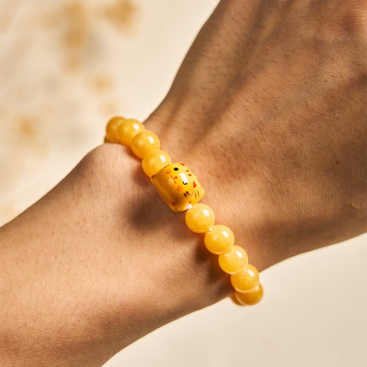 Buddha Stonesオレンジタビーキャット イエローカルセドニー セラミック 子猫 ジョイ ブレスレット - image 4