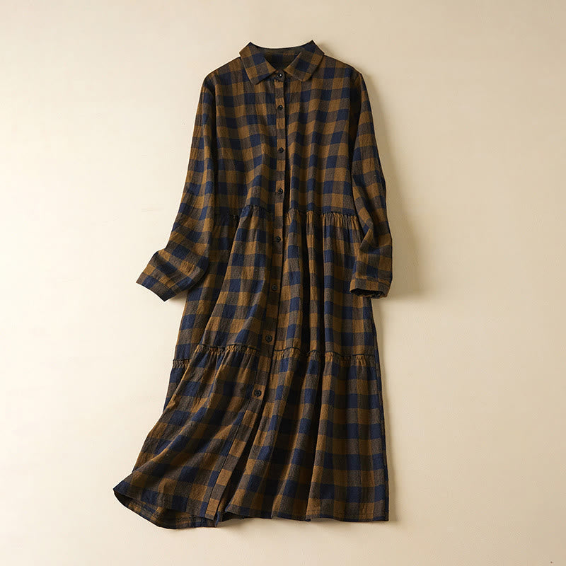 Buddha Stonesのコントラストカラーのチェック柄ボタンデザインコットンリネンの長袖ミディドレス(ポケット付き) - ダークゴールデンロッド - US8-10,UK/AU12-14,EU40-42 (2XL) - image 1