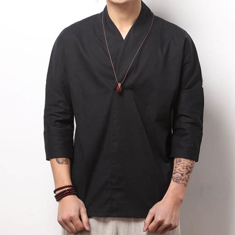 Buddha Stonesカジュアル Vネック 七分袖シャツ コットン メンズ 服 - 黒 - US/UK/AU44、EU54(5XL) - image 6