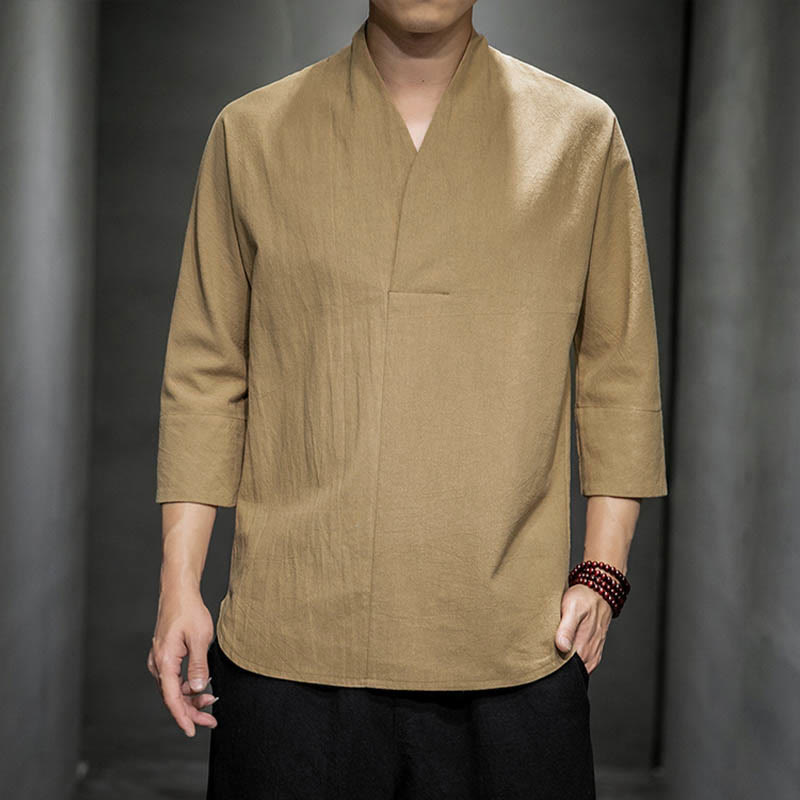 Buddha Stonesカジュアル Vネック 七分袖シャツ コットン メンズ 服 - バーリーウッド - US/UK/AU44、EU54(5XL) - image 1
