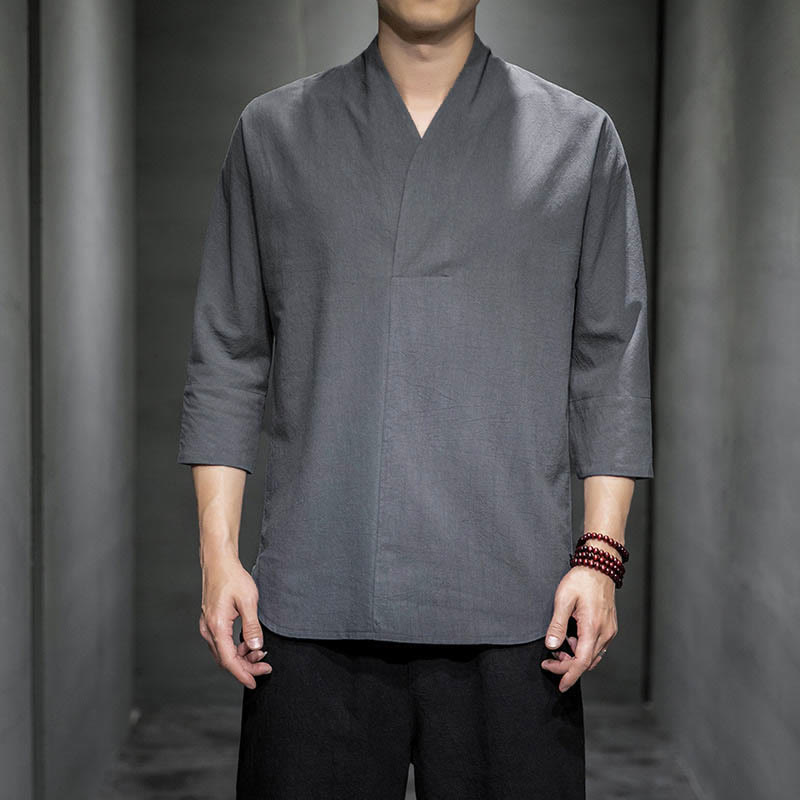 Buddha Stonesカジュアル Vネック 七分袖シャツ コットン メンズ 服 - グレー - US/UK/AU44、EU54(5XL) - image 5