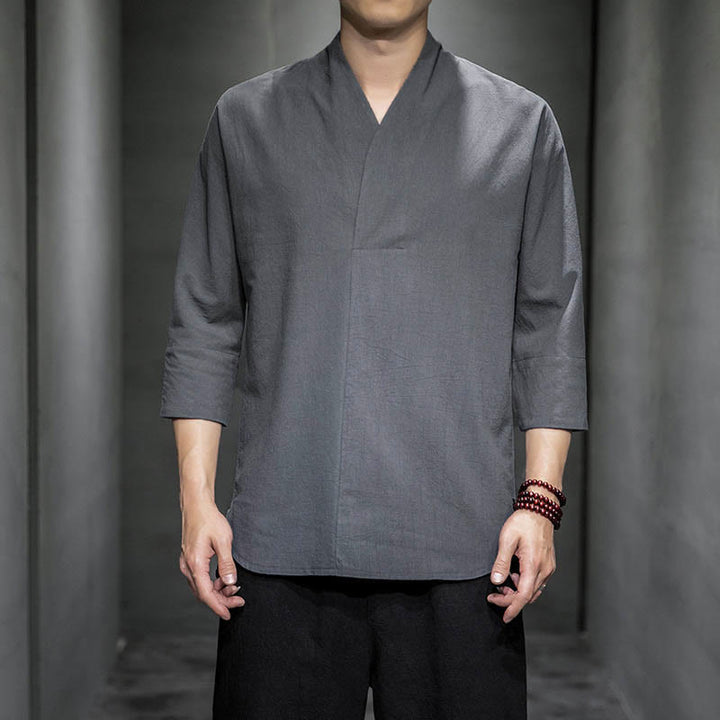 Buddha Stonesカジュアル Vネック 七分袖シャツ コットン メンズ 服 - グレー - US/UK/AU44、EU54(5XL) - image 5