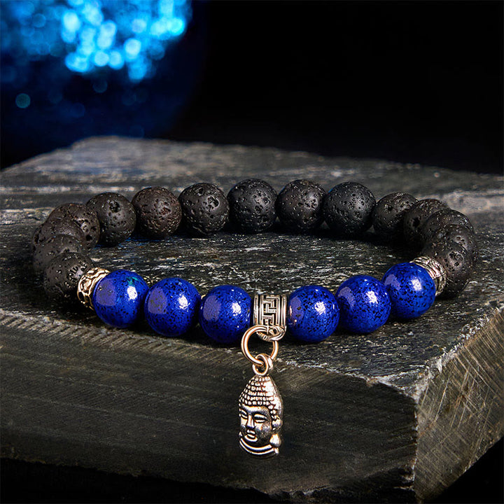 Buddha Stonesブラック溶岩石 クリスタルビーズ 動物柄 ヒーリングブレスレット - 仏頭模様(手首周り:15~17cm) - image 9