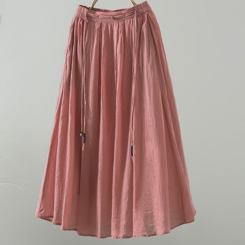 Buddha Stones夏 レトロ 純色 タッセルデザイン レディース スカート ポケット付き - 鮭 - US12、 UK/AU16、 EU44 (2XL) - image 11