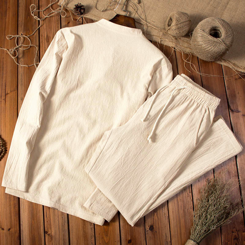 Buddha Stones純色 コットン リネン 長袖 トップス パンツ 服 メンズ セット - image 2