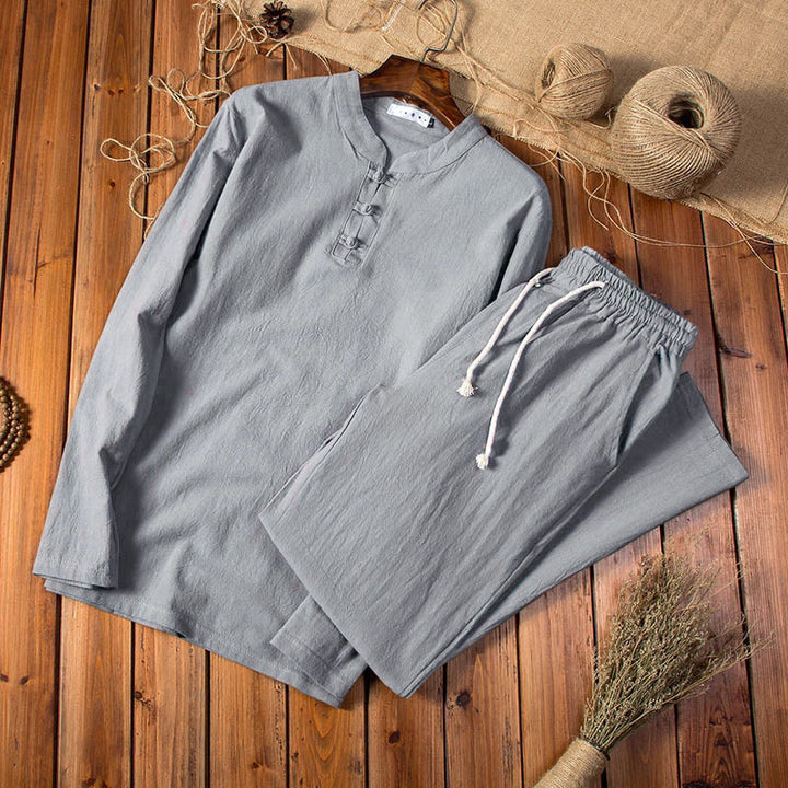 Buddha Stones純色 コットン リネン 長袖 トップス パンツ 服 メンズ セット - ディムグレー - US/UK/AU44、EU54(5XL) - image 8