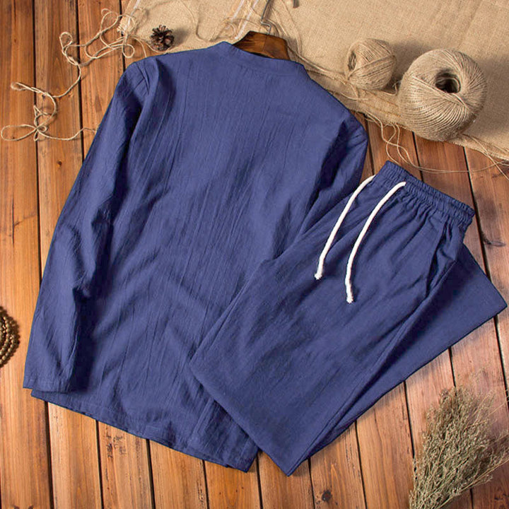 Buddha Stones純色 コットン リネン 長袖 トップス パンツ 服 メンズ セット - image 13