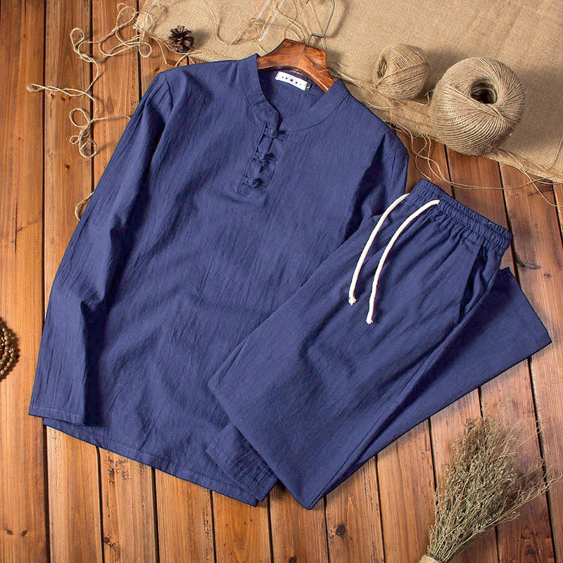 Buddha Stones純色 コットン リネン 長袖 トップス パンツ 服 メンズ セット - ミッドナイトブルー - US/UK/AU44、EU54(5XL) - image 12