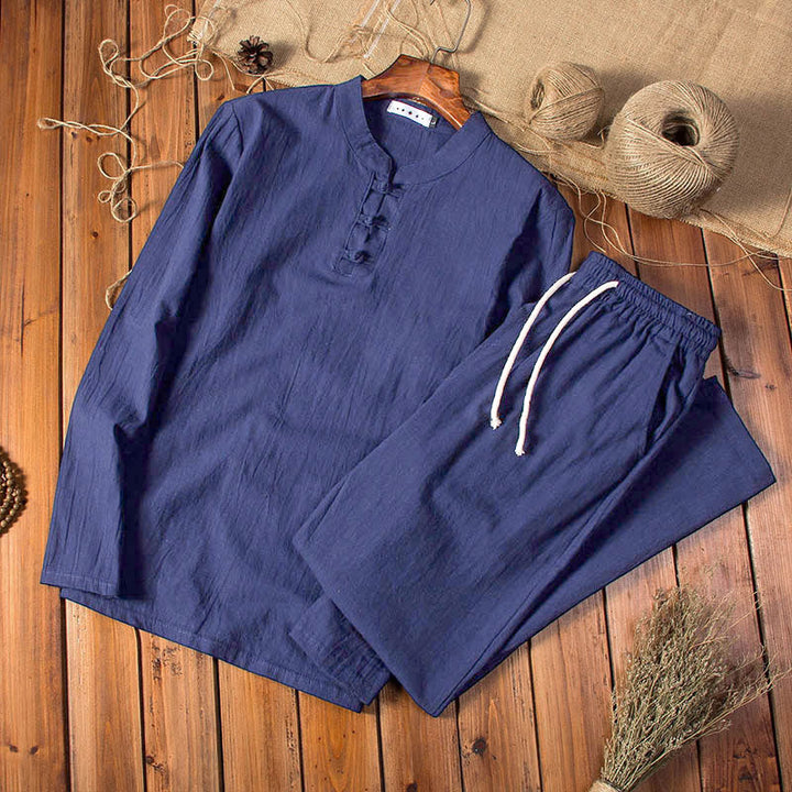 Buddha Stones純色 コットン リネン 長袖 トップス パンツ 服 メンズ セット - ミッドナイトブルー - US/UK/AU44、EU54(5XL) - image 12