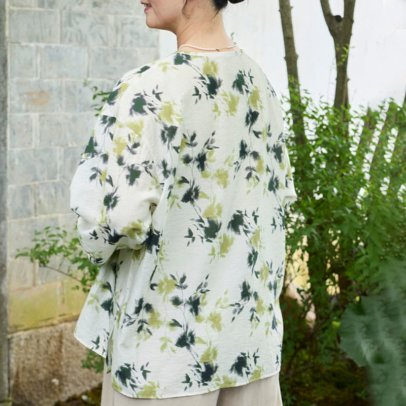 Buddha Stonesと緑の花柄の葉っぱのレースアップボタン長袖レディースシャツ(高齢者向け) - image 4