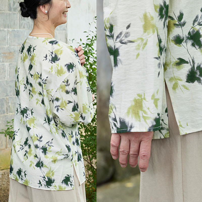 Buddha Stonesと緑の花柄の葉っぱのレースアップボタン長袖レディースシャツ(高齢者向け) - image 15