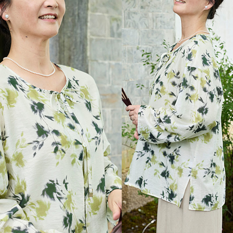 Buddha Stonesと緑の花柄の葉っぱのレースアップボタン長袖レディースシャツ(高齢者向け) - image 11