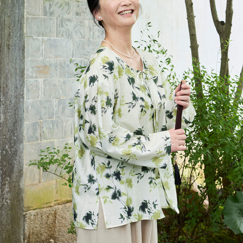 Buddha Stonesと緑の花柄の葉っぱのレースアップボタン長袖レディースシャツ(高齢者向け) - image 6