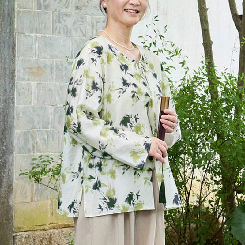 Buddha Stonesと緑の花柄の葉っぱのレースアップボタン長袖レディースシャツ(高齢者向け) - image 7