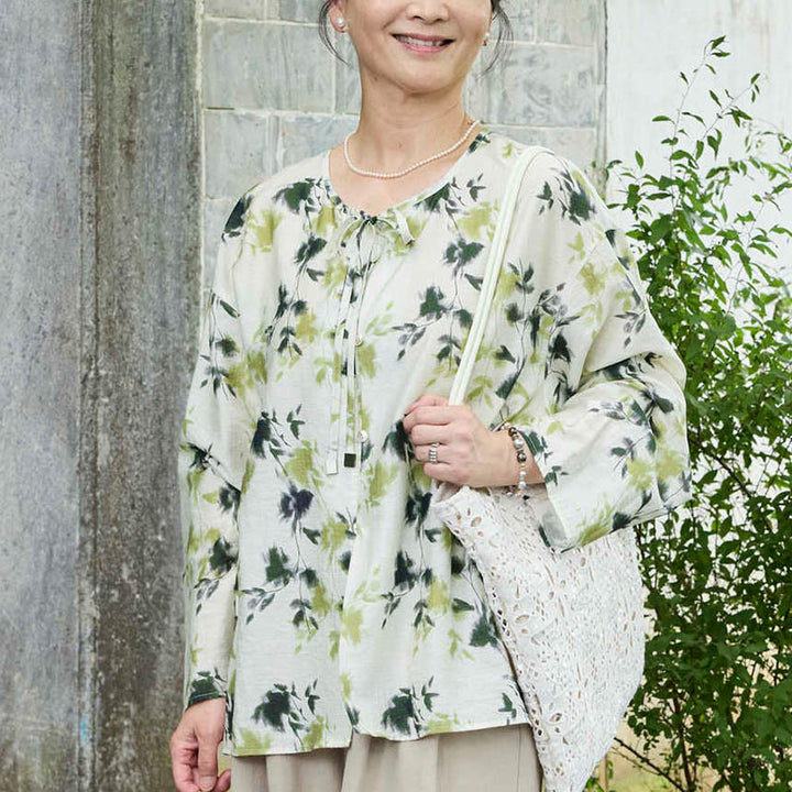 Buddha Stonesと緑の花柄の葉っぱのレースアップボタン長袖レディースシャツ(高齢者向け) - image 9