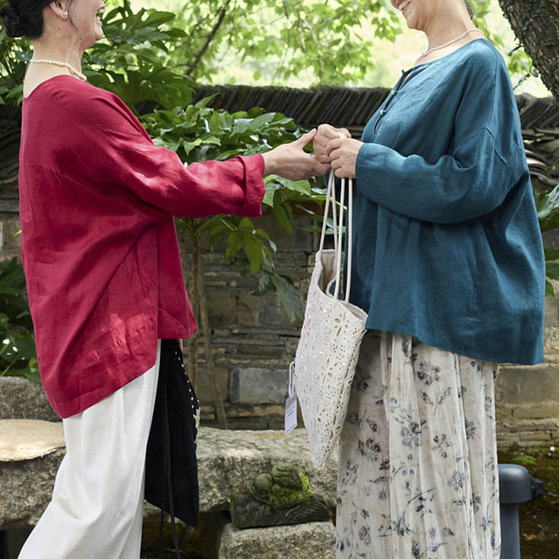 高齢者向けBuddha Stones無地リネン 長袖レディースシャツ - image 23