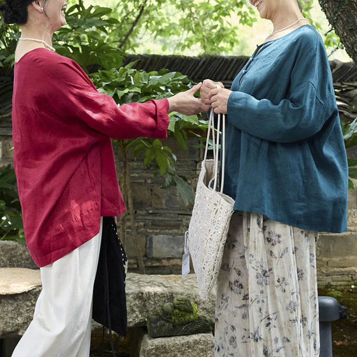 高齢者向けBuddha Stones無地リネン 長袖レディースシャツ - image 23