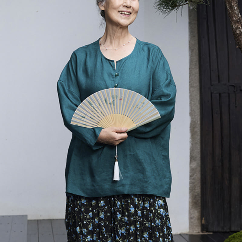 高齢者向けBuddha Stones無地リネン 長袖レディースシャツ - image 8