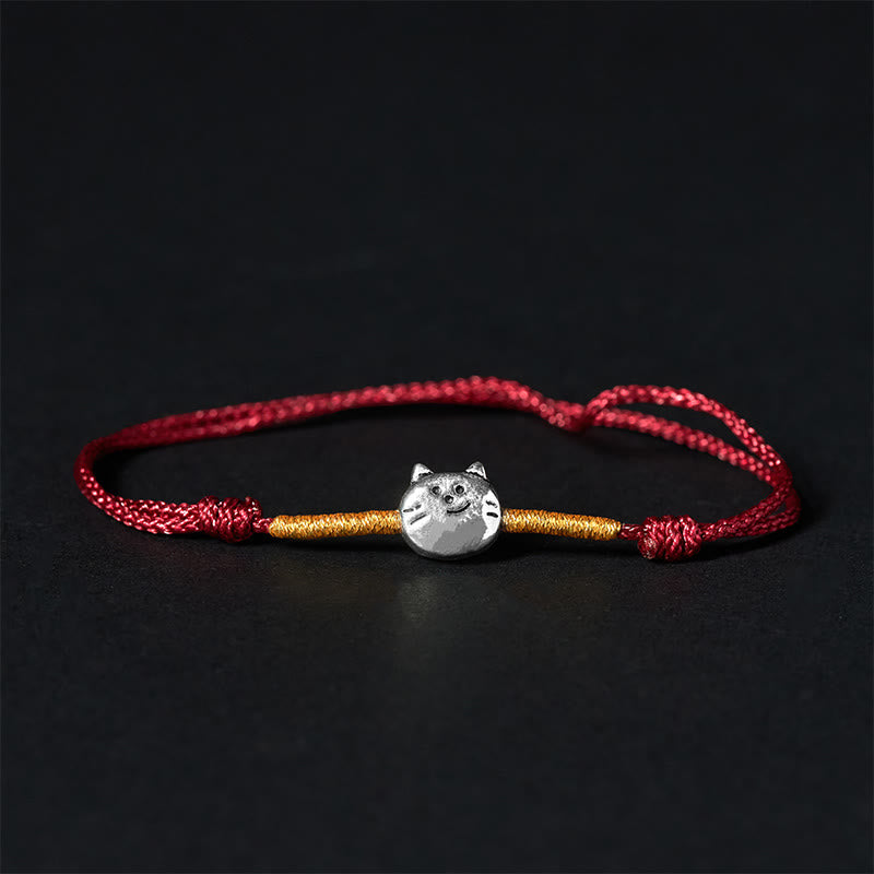 Buddha Stones925スターリングシルバー キュートな猫の赤紐編みブレスレット - 金色の赤紐(手首周り14~18cm) - image 0