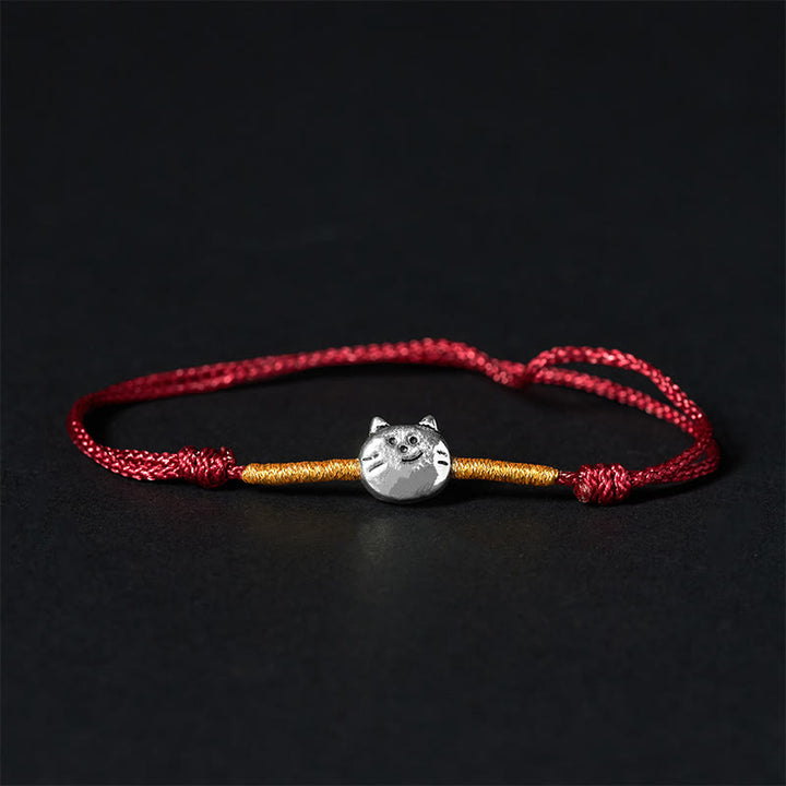 Buddha Stones925スターリングシルバー キュートな猫の赤紐編みブレスレット - 金色の赤紐(手首周り14~18cm) - image 0