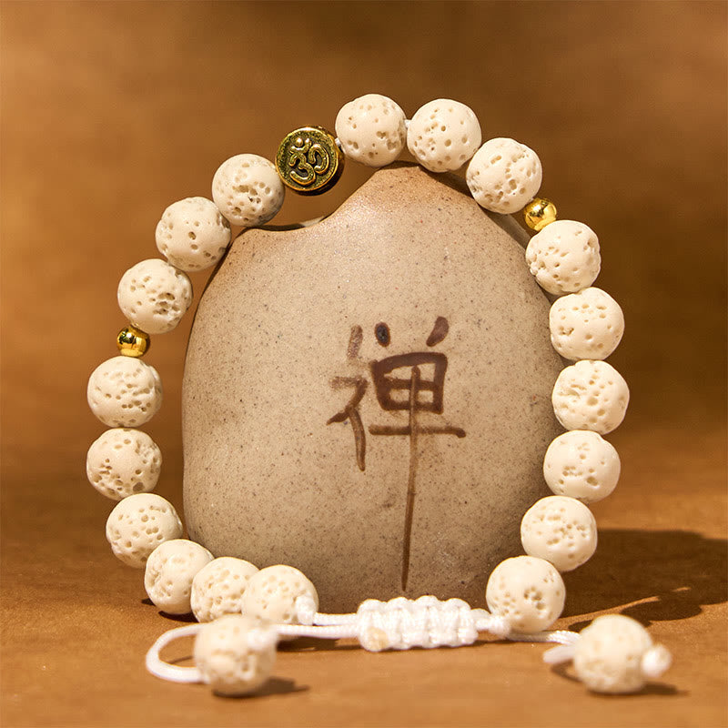 Buddha Stonesホワイト溶岩石 オムシンボル 癒し 穏やか ブレスレット - image 1