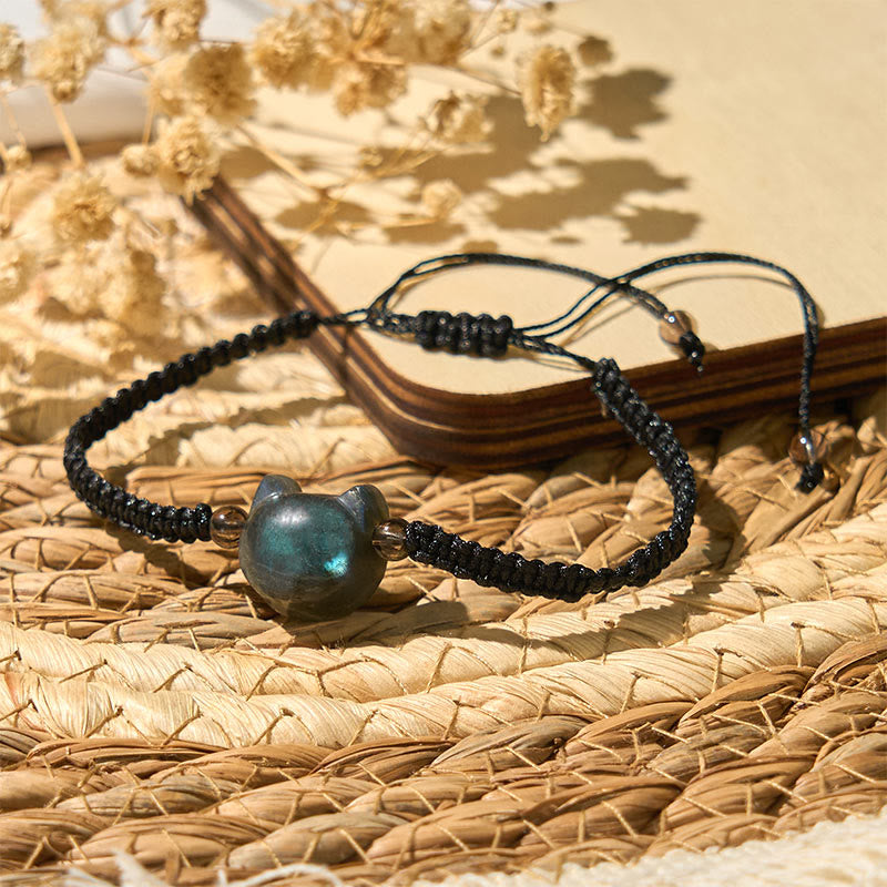 Buddha Stones天然ラブラドライト猫の頭モチーフの黒いロープのヒーリングブレスレット - image 4