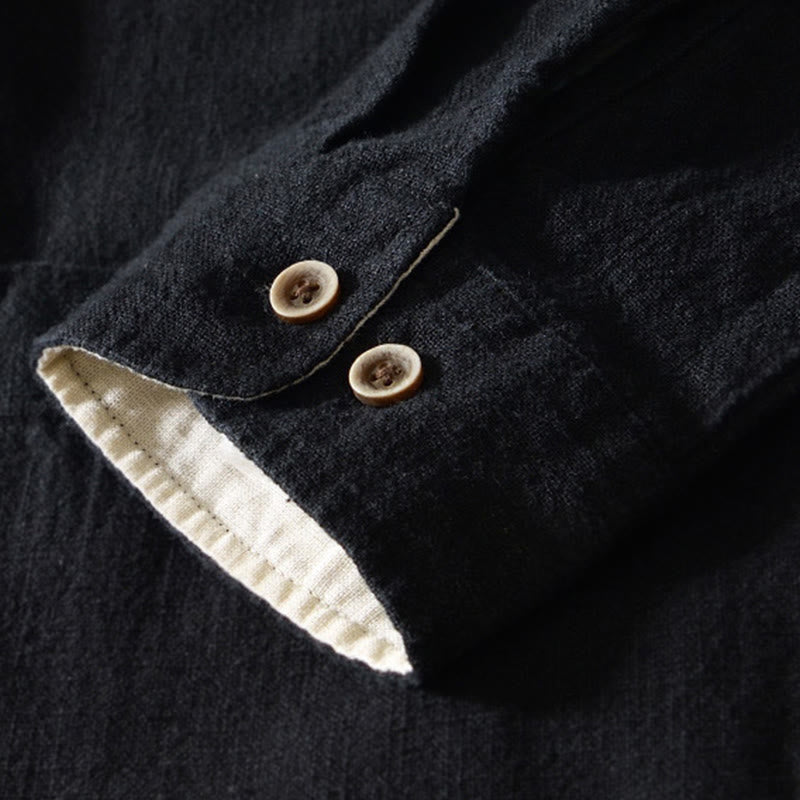 Buddha Stones秋冬 無地 長袖 ボタン メンズ ラミー コットン シャツ ポケット付き - image 7