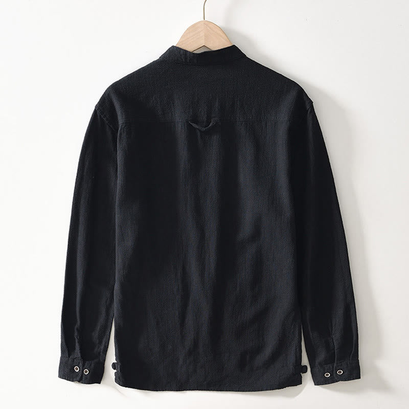 Buddha Stones秋冬 無地 長袖 ボタン メンズ ラミー コットン シャツ ポケット付き - image 2