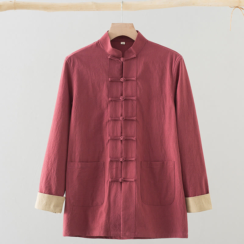 Buddha Stones無地 長袖 フロッグボタンデザイン コットン メンズシャツ - ファイアブリック - US/UK/AU44、 EU54 (4XL) - image 13