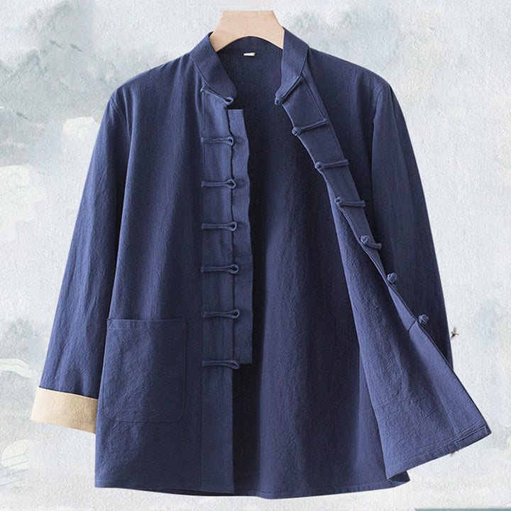 Buddha Stones無地 長袖 フロッグボタンデザイン コットン メンズシャツ - スティールブルー - US/UK/AU44、 EU54 (4XL) - image 0