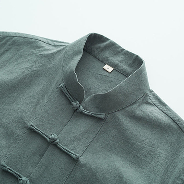 Buddha Stones無地 長袖 フロッグボタンデザイン コットン メンズシャツ - image 4