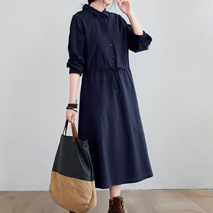 Buddha Stones秋冬 無地 レースアップデザイン ラペル 長袖 コットン ミディドレス ポケット付き - image 2