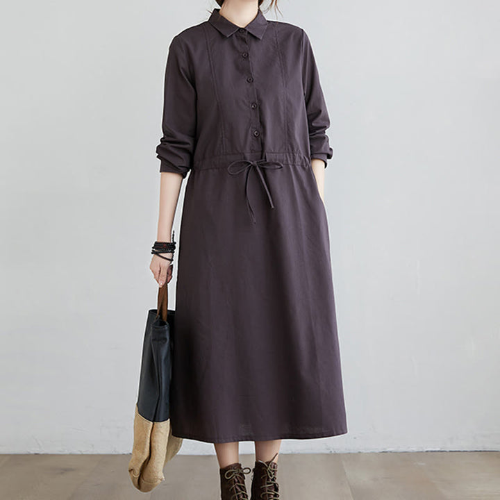 Buddha Stones秋冬 無地 レースアップデザイン ラペル 長袖 コットン ミディドレス ポケット付き - image 8