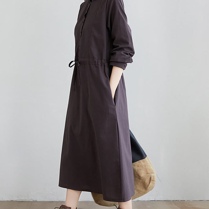 Buddha Stones秋冬 無地 レースアップデザイン ラペル 長袖 コットン ミディドレス ポケット付き - image 11