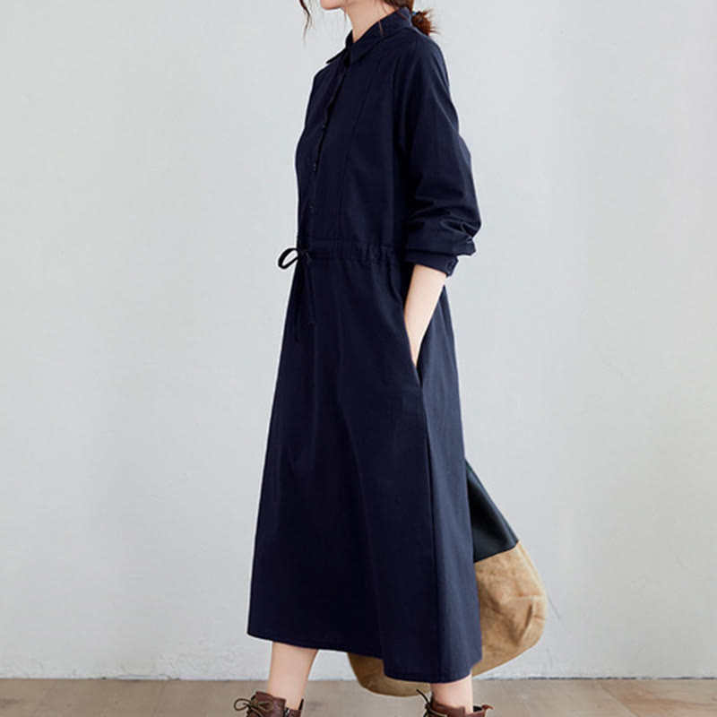 Buddha Stones秋冬 無地 レースアップデザイン ラペル 長袖 コットン ミディドレス ポケット付き - image 3