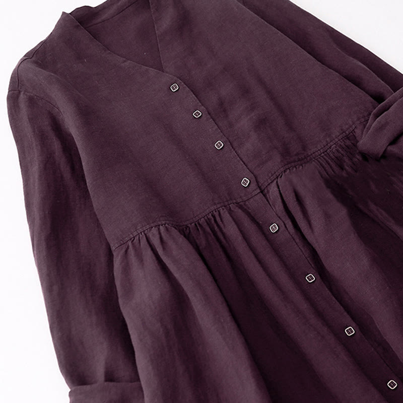 Buddha Stones秋 ダークマゼンタ Vネック ボタンデザイン コットン 長袖 ミディドレス - image 3