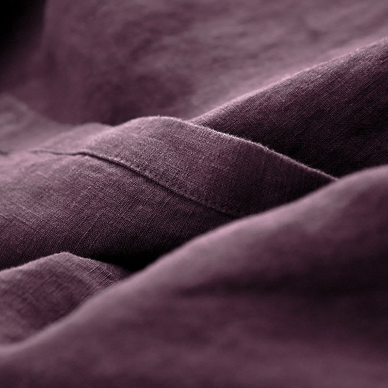 Buddha Stones秋 ダークマゼンタ Vネック ボタンデザイン コットン 長袖 ミディドレス - image 8