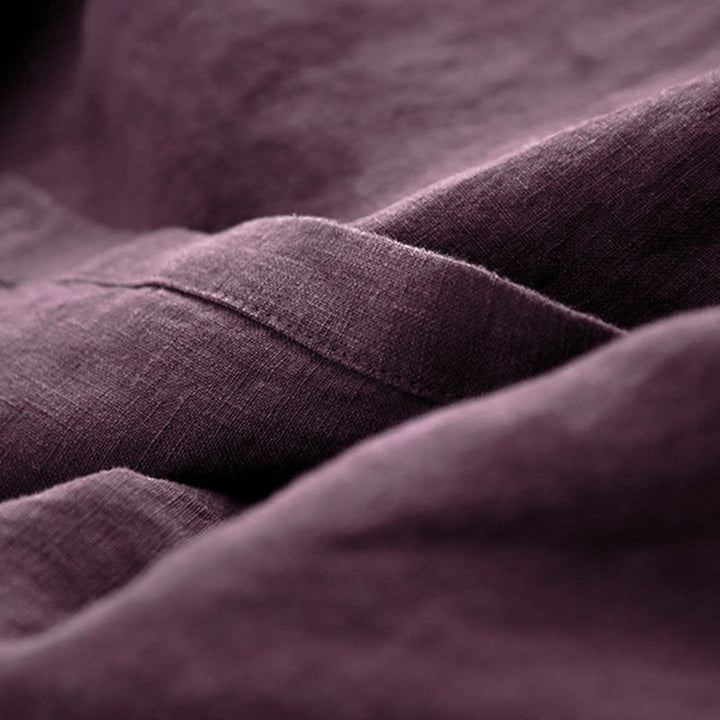 Buddha Stones秋 ダークマゼンタ Vネック ボタンデザイン コットン 長袖 ミディドレス - image 8