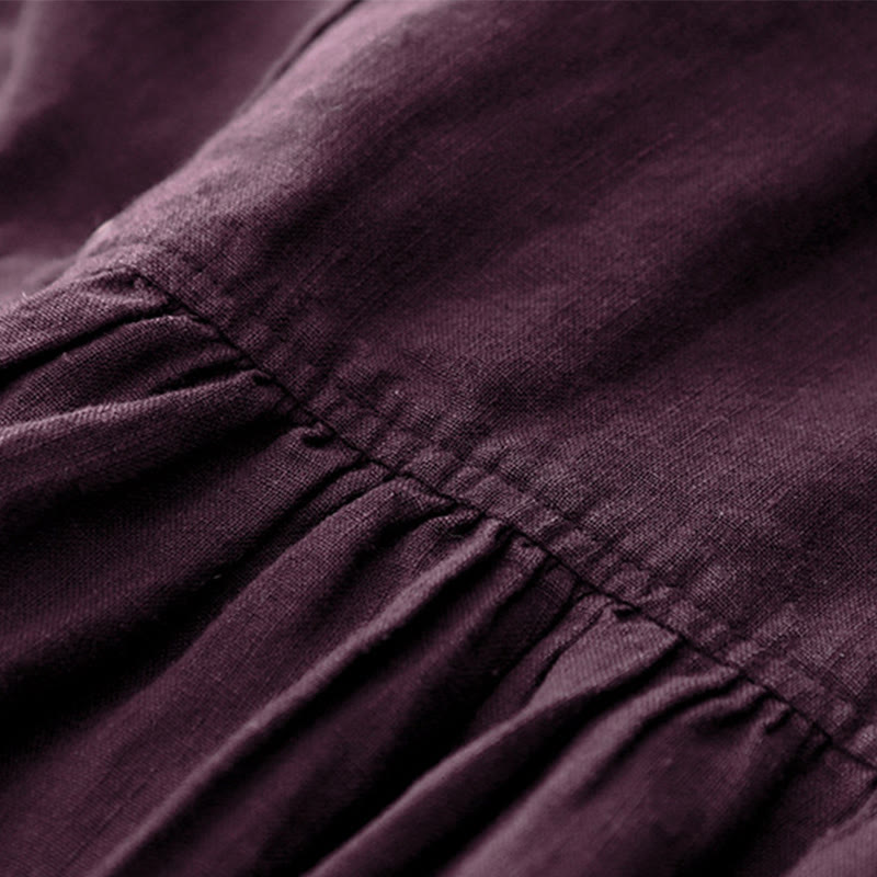 Buddha Stones秋 ダークマゼンタ Vネック ボタンデザイン コットン 長袖 ミディドレス - image 7