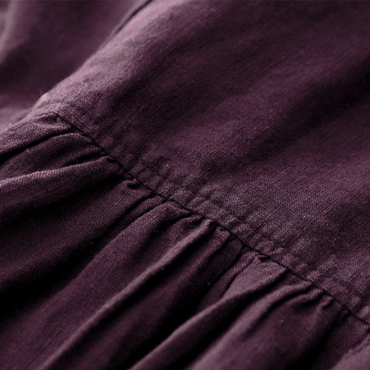 Buddha Stones秋 ダークマゼンタ Vネック ボタンデザイン コットン 長袖 ミディドレス - image 7