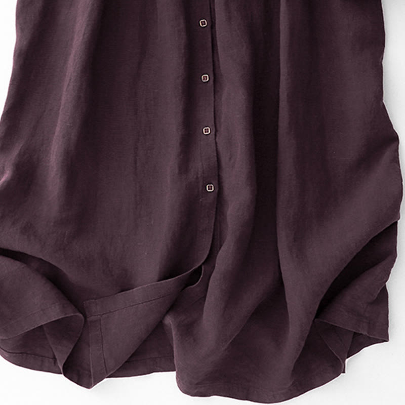 Buddha Stones秋 ダークマゼンタ Vネック ボタンデザイン コットン 長袖 ミディドレス - image 9